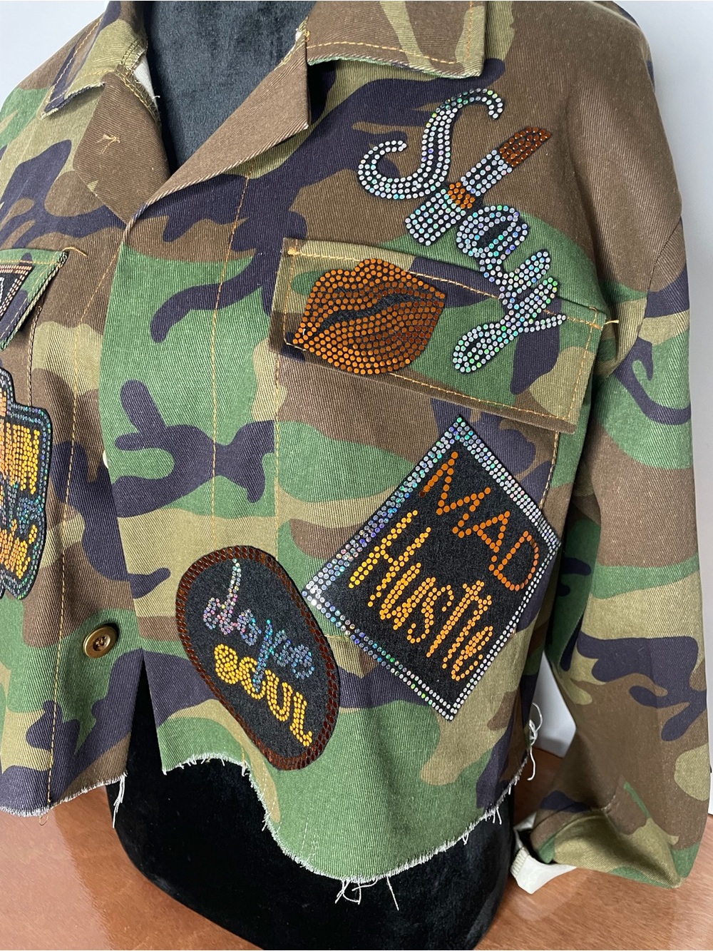 Custom Camo Embellished Patch Cropped Jacket - Green Camo - Picture 5 of 6